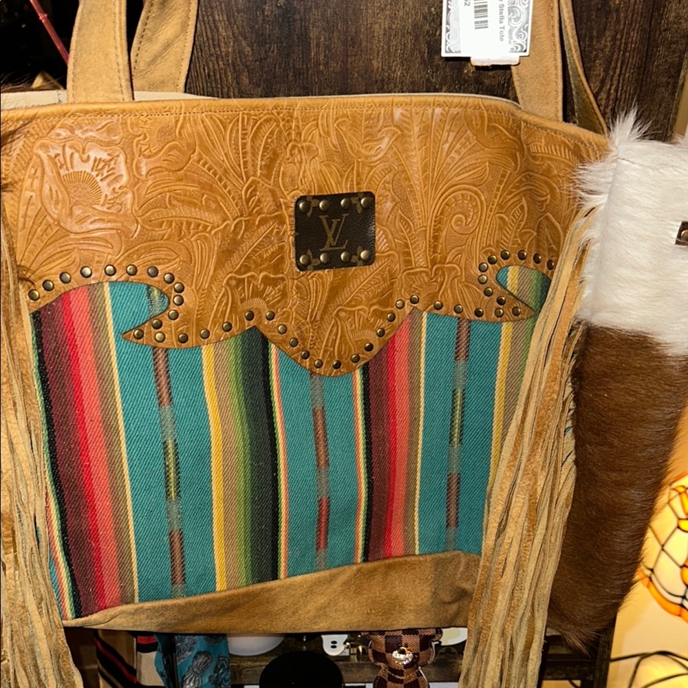 KIG KEEP IT GYPSY Tan and Brown Southwestern Tote with LV patch